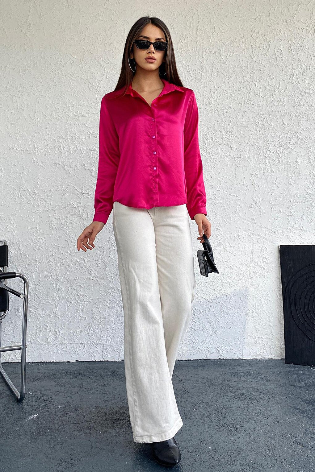 Women's Fuchsia Flowy Viscose Basic Satin Shirt