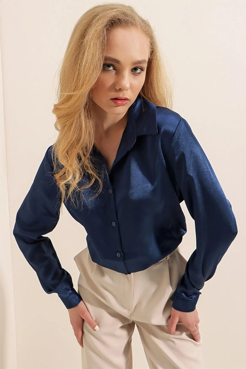 Women's Navy Blue Flowy Viscose Basic Satin Shirt