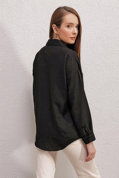 Women's Black Drop Shoulder Pocket Oversize Shirt