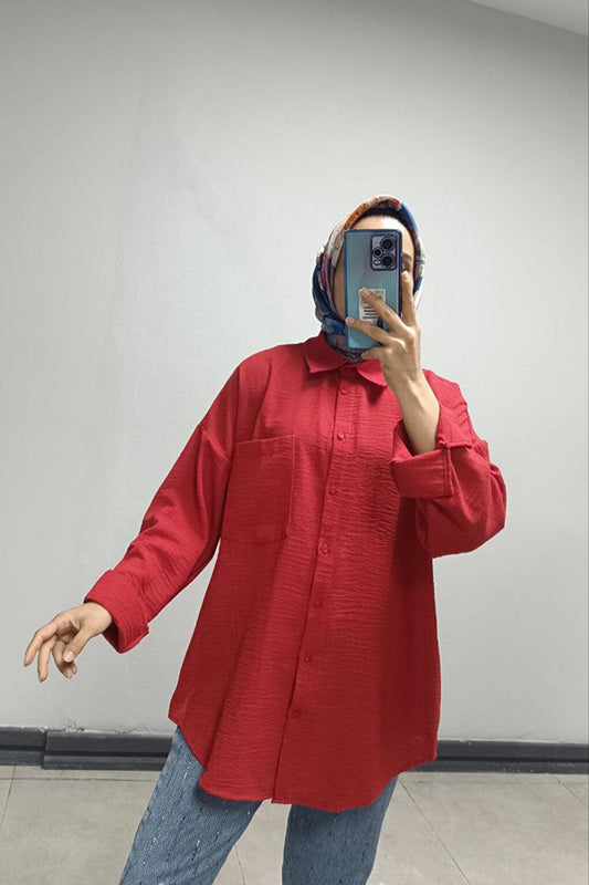 Women's Red Low Shoulder Pocket Oversize Shirt