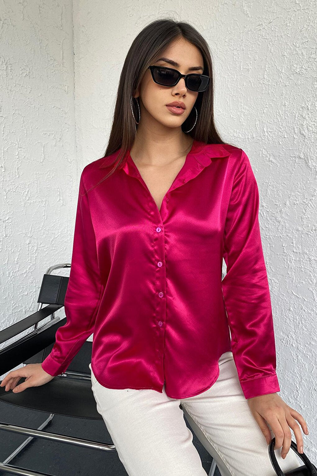 Women's Fuchsia Flowy Viscose Basic Satin Shirt