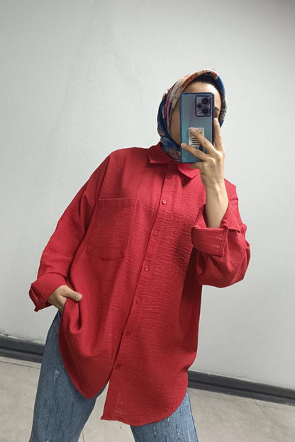 Women's Red Low Shoulder Pocket Oversize Shirt