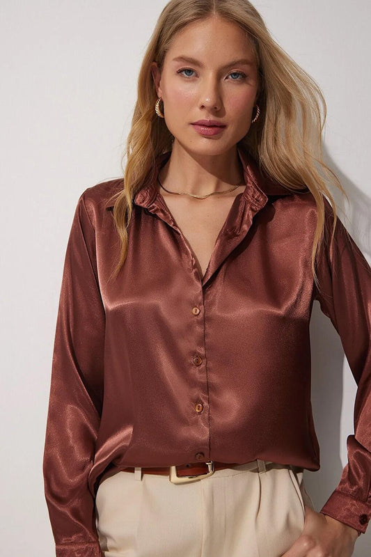 Women's Brown Flowy Viscose Basic Satin Shirt