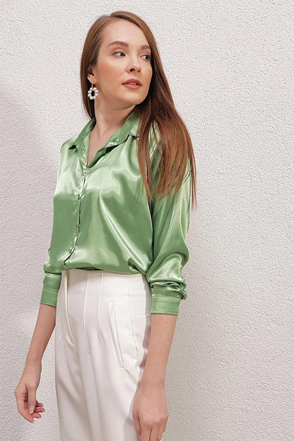 Women's Green Flowy Viscose Basic Satin Shirt