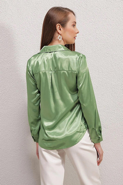 Women's Green Flowy Viscose Basic Satin Shirt