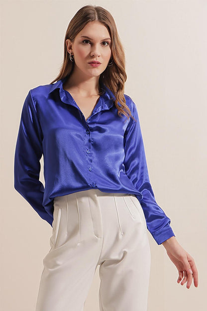 Women's Saks Blue Flowy Viscose Basic Satin Shirt