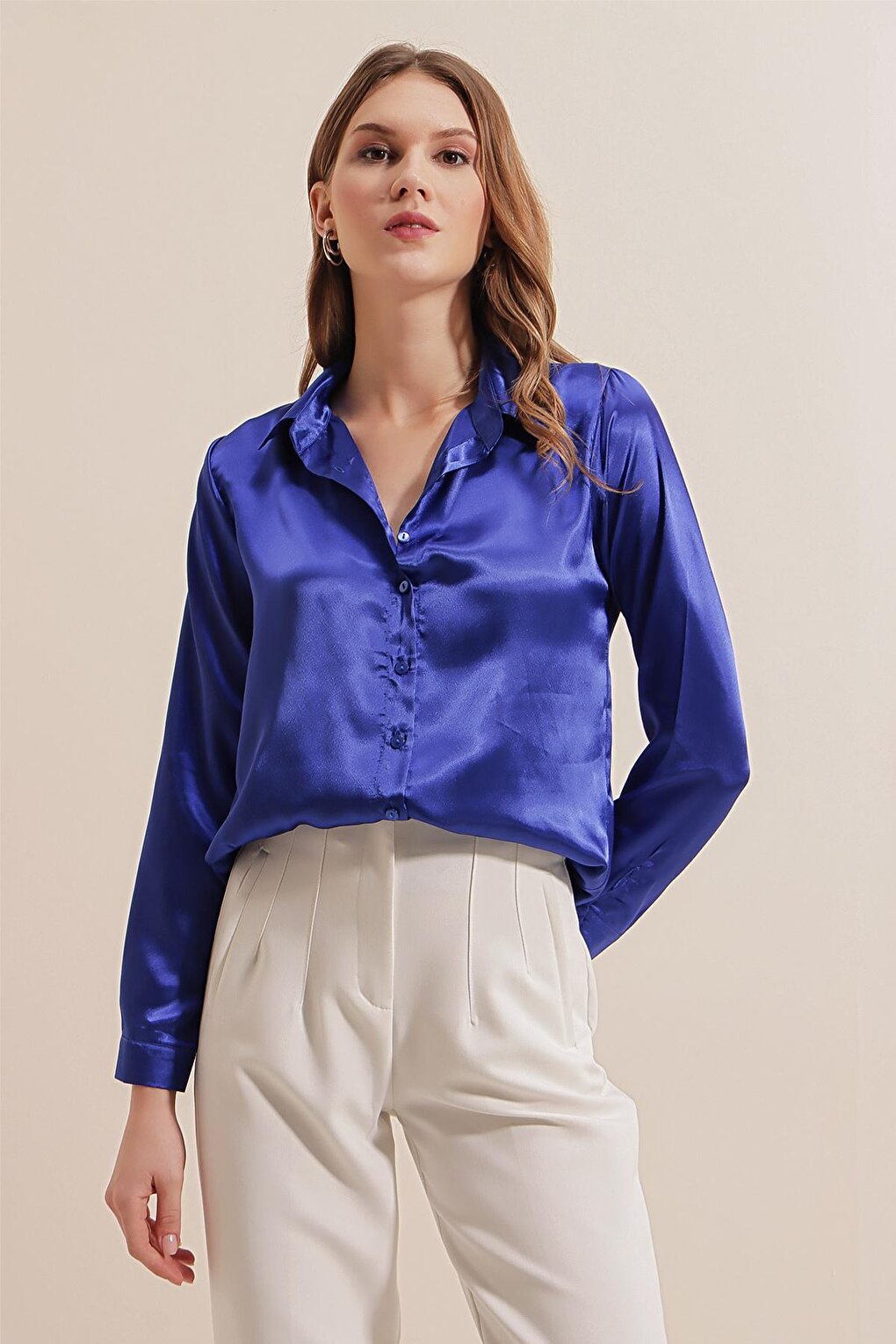 Women's Saks Blue Flowy Viscose Basic Satin Shirt