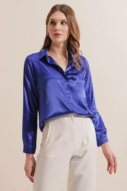 Women's Saks Blue Flowy Viscose Basic Satin Shirt