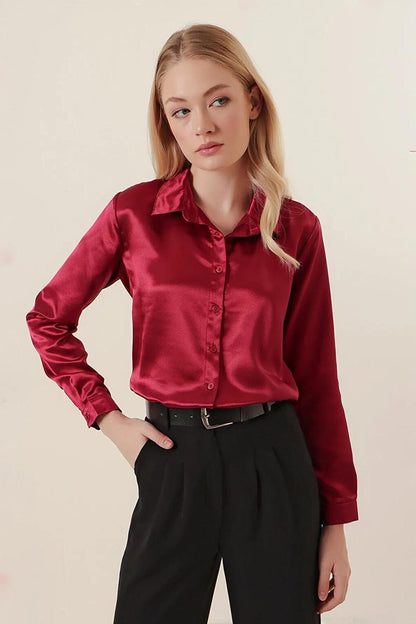 Women's Burgundy Flowy Viscose Basic Satin Shirt