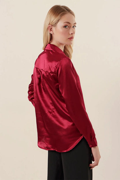 Women's Burgundy Flowy Viscose Basic Satin Shirt