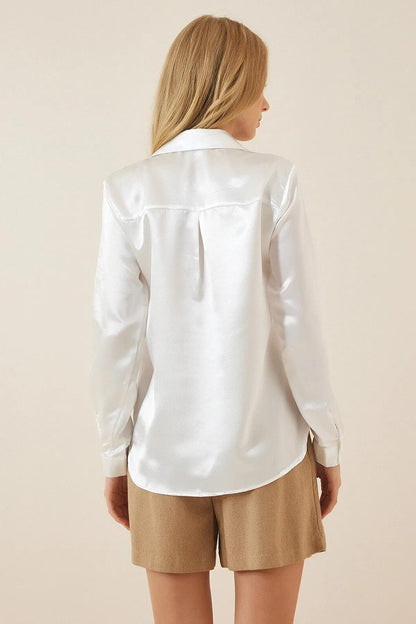 Women's White Draped Viscose Basic Satin Shirt