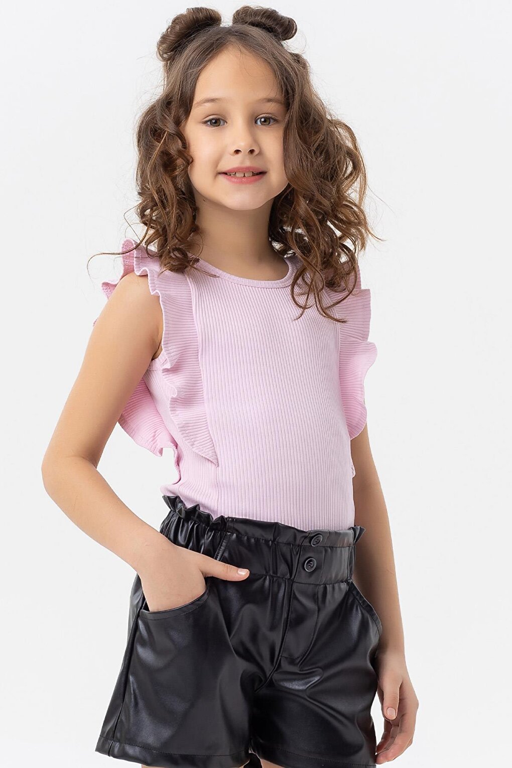 Girl's T-Shirt Frilly Buttoned Pink (Ages 7-12)