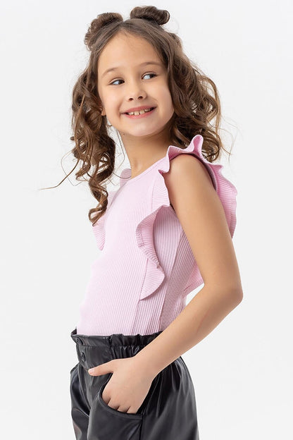 Girl's T-Shirt Frilly Buttoned Pink (Ages 7-12)