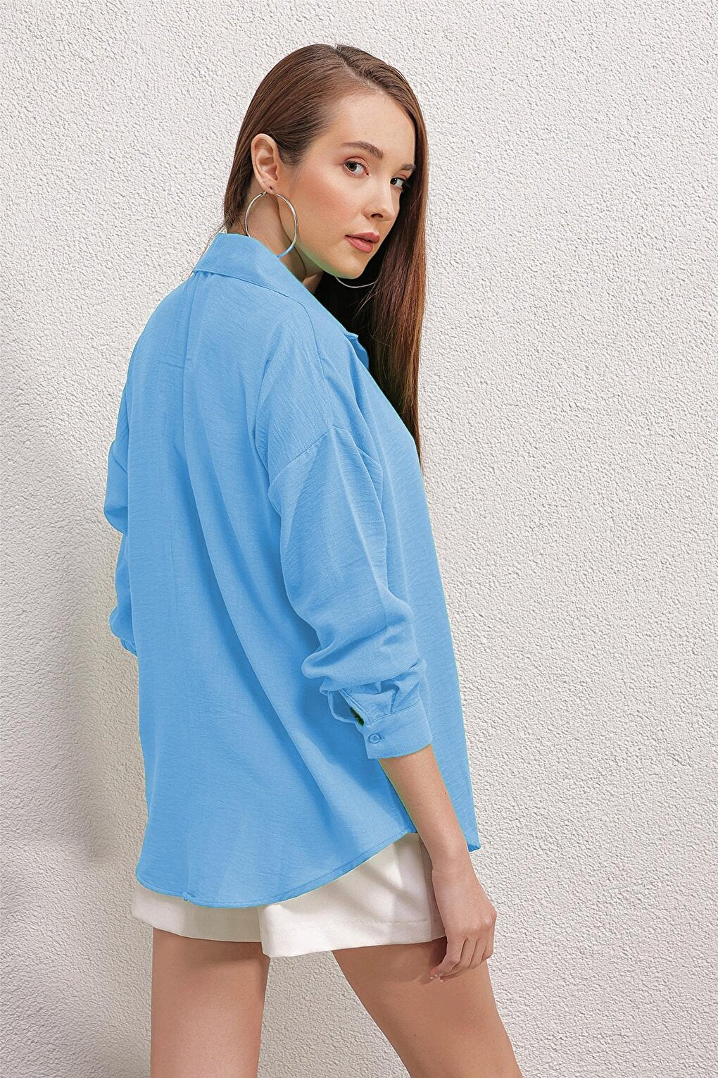 Women's Blue Drop Shoulder Pocket Oversize Shirt