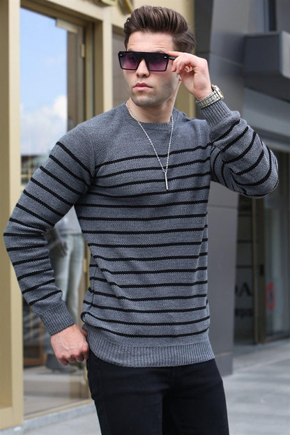 Anthracite Striped Crew Neck Knitwear Sweater 5992