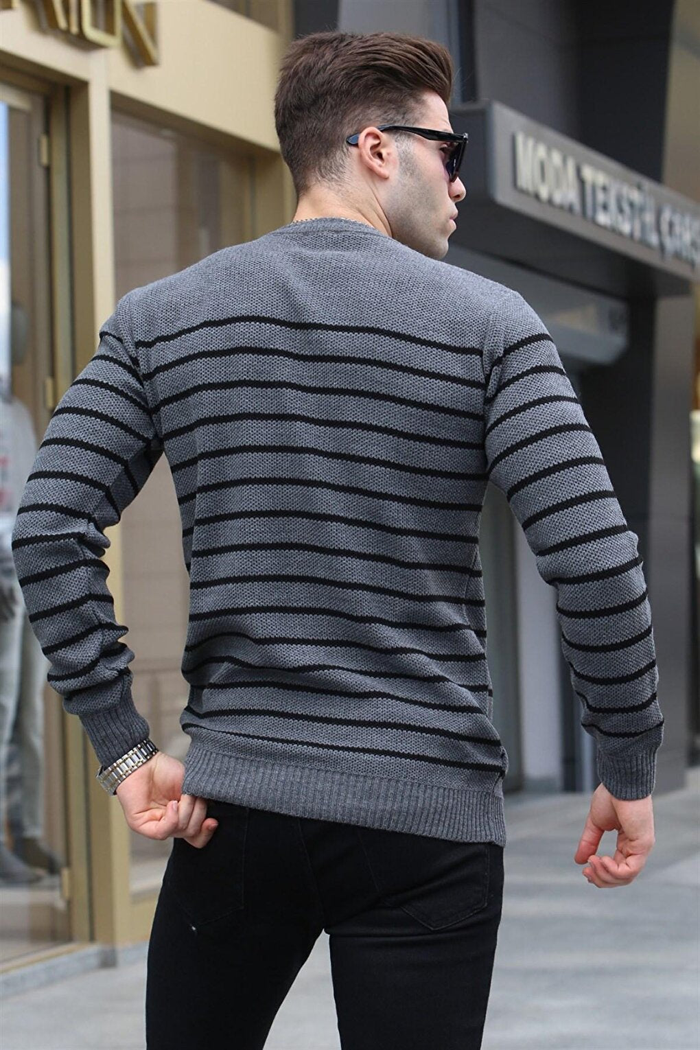 Anthracite Striped Crew Neck Knitwear Sweater 5992