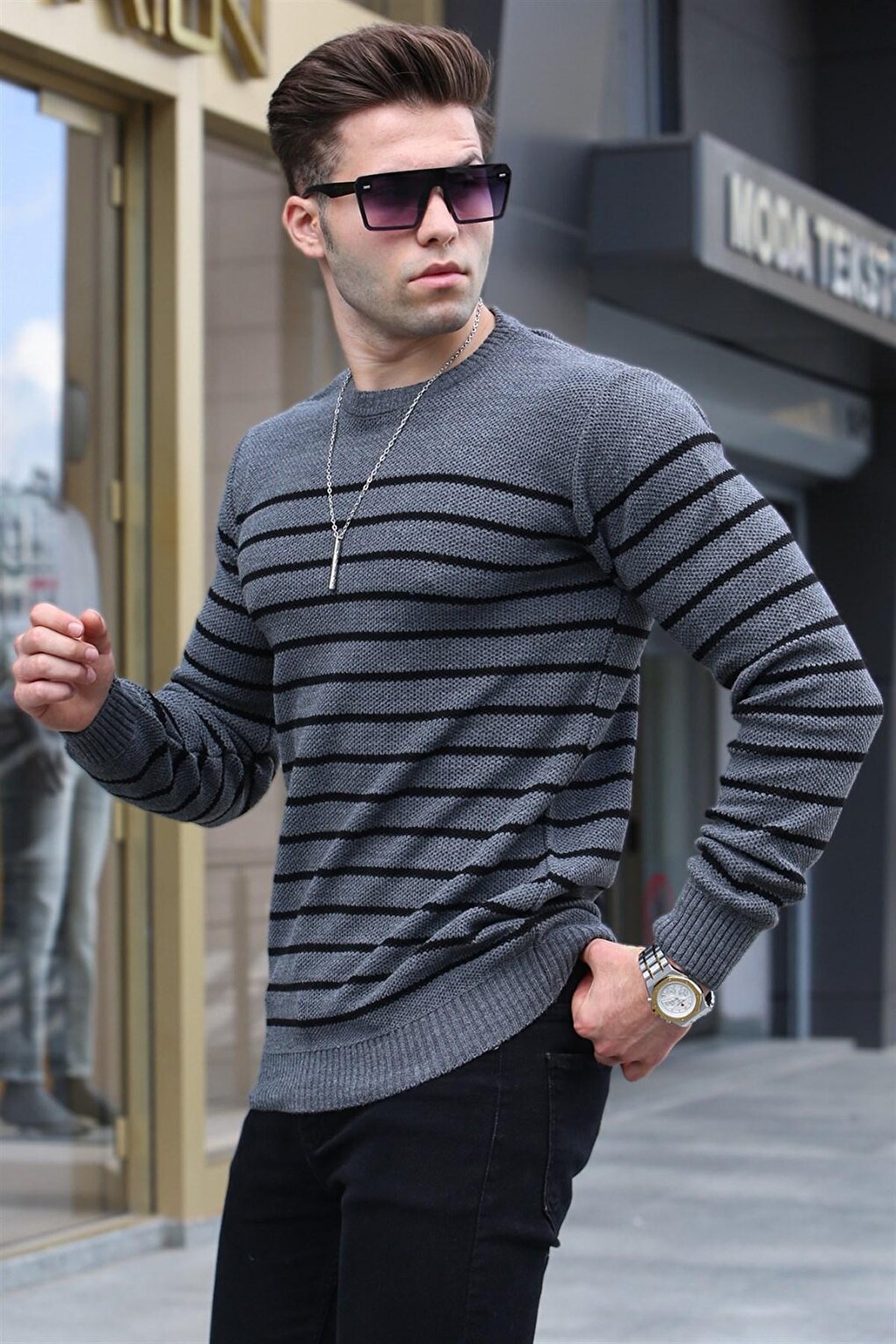 Anthracite Striped Crew Neck Knitwear Sweater 5992