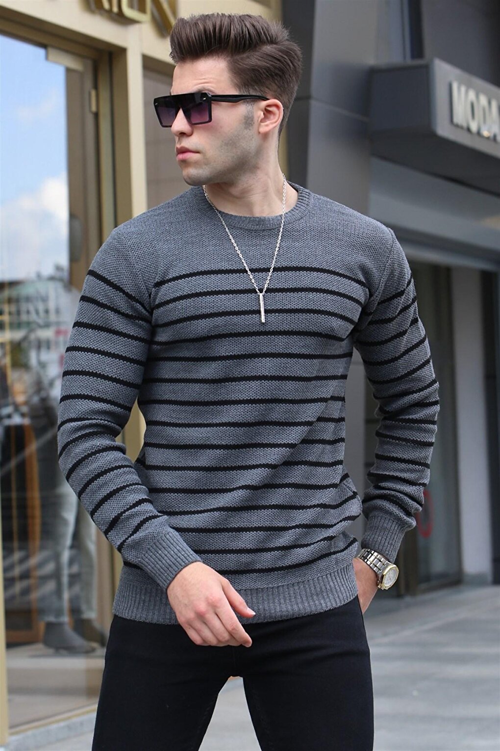 Anthracite Striped Crew Neck Knitwear Sweater 5992