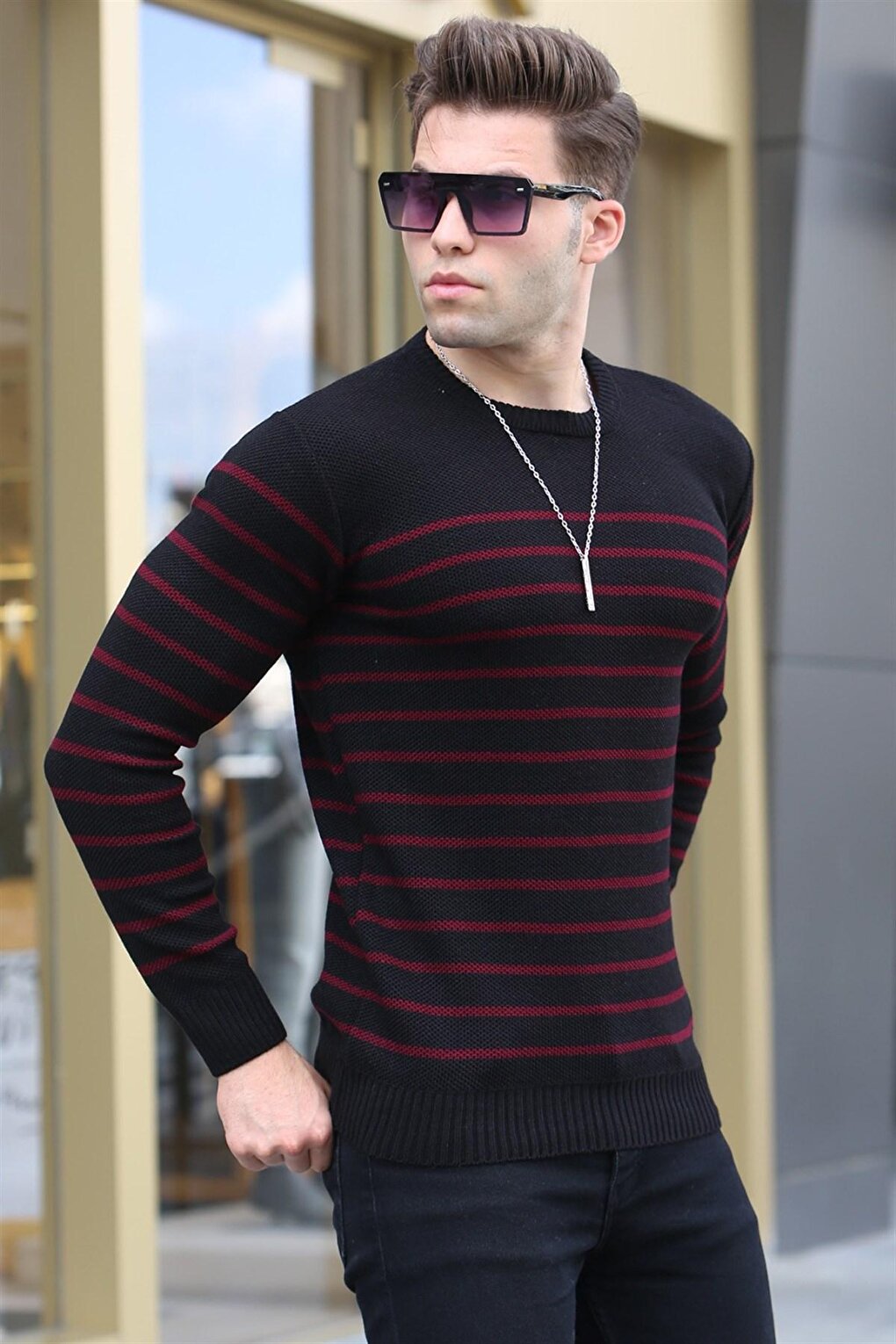 Black Striped Crew Neck Knitwear Sweater 5992