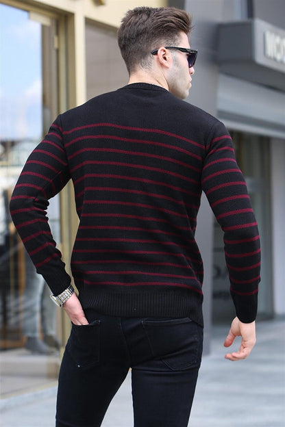 Black Striped Crew Neck Knitwear Sweater 5992