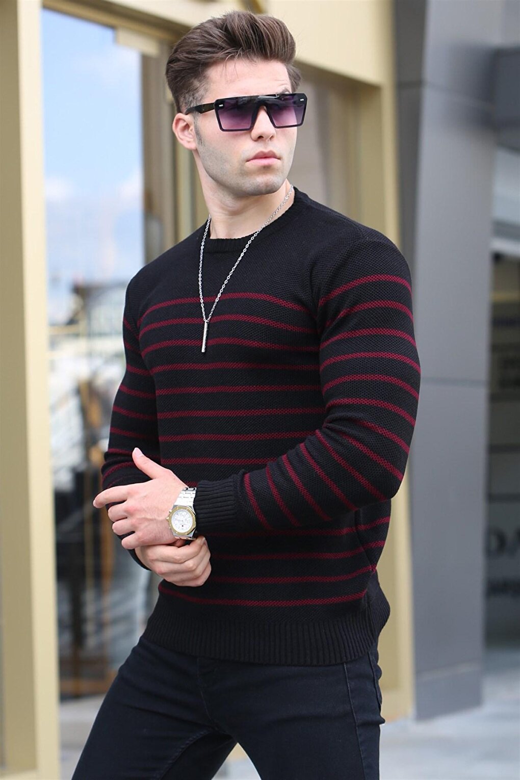 Black Striped Crew Neck Knitwear Sweater 5992