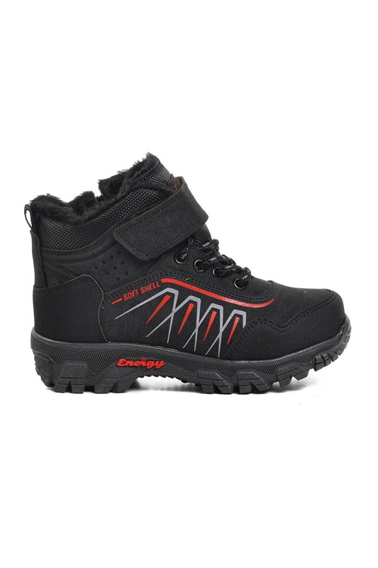 437-P Black-Red Children's Outdoor Boots with Fur Inside