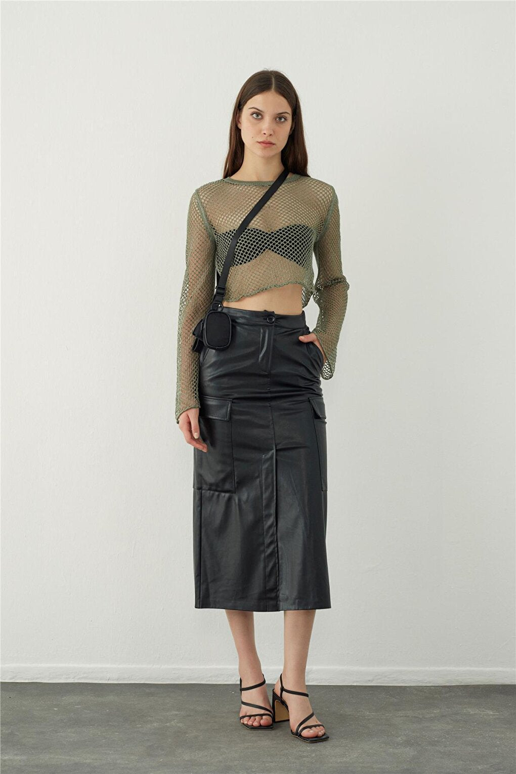 Black Leather Look Pocket Detailed Midi Skirt