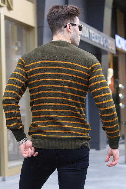 Khaki Striped Crew Neck Knitwear Sweater 5992