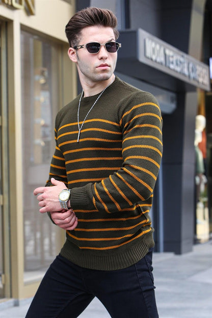 Khaki Striped Crew Neck Knitwear Sweater 5992