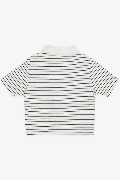 Girl's Crop T-Shirt Zippered Striped Ecru (Ages 9-14)