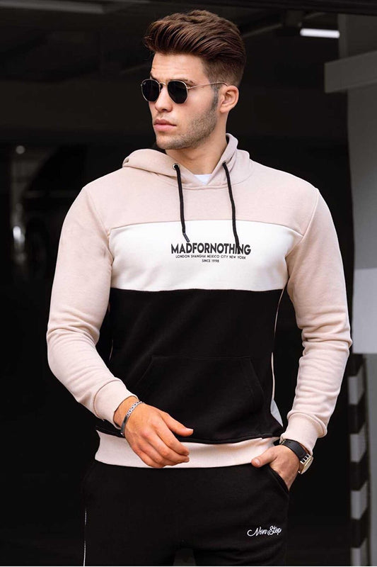 Beige Color Block Men's Hooded Sweatshirt 4699