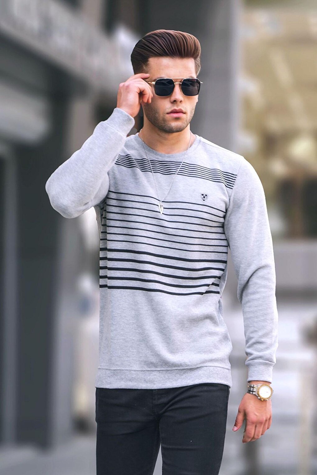 Gray Striped Crew Neck Knitwear Sweater 5961