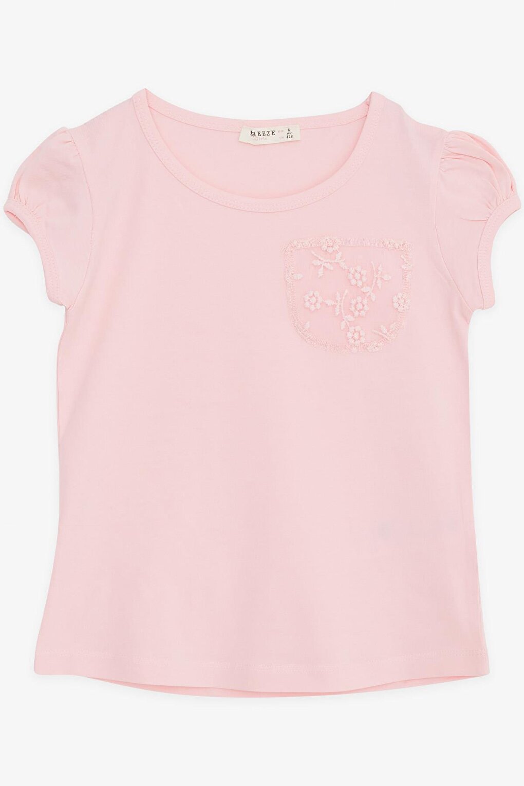 Girl's T-Shirt Pocket Tulle Flower Embroidered Pink (4-9 Years)