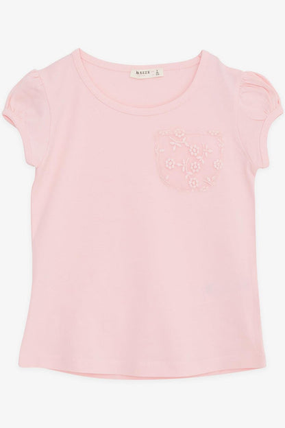 Girl's T-Shirt Pocket Tulle Flower Embroidered Pink (4-9 Years)