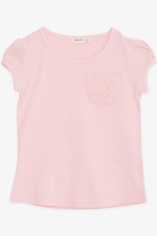 Girl's T-Shirt Pocket Tulle Flower Embroidered Pink (4-9 Years)