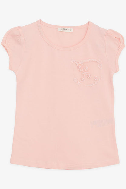 Girl's T-Shirt Pocket Tulle Floral Embroidered Salmon (4-9 Years)