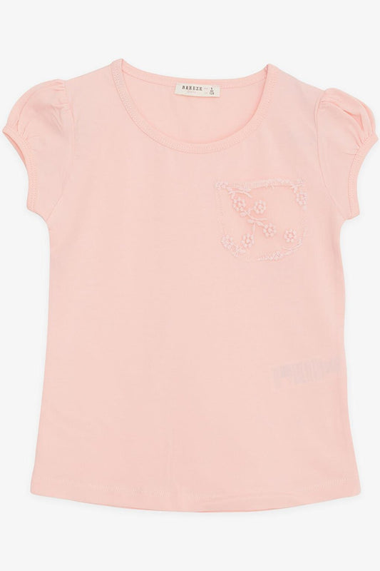 Girl's T-Shirt Pocket Tulle Floral Embroidered Salmon (4-9 Years)