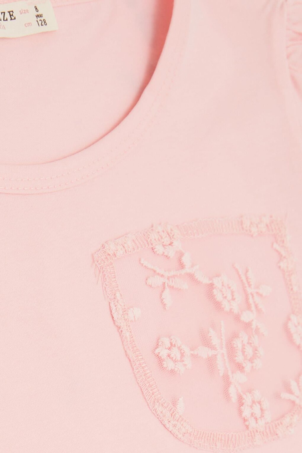 Girl's T-Shirt Pocket Tulle Flower Embroidered Pink (4-9 Years)