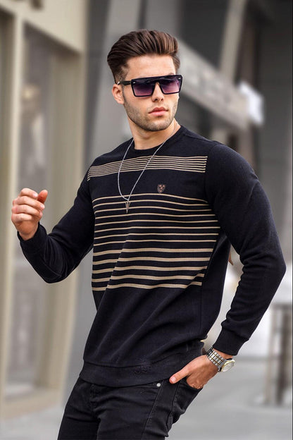 Black Striped Crew Neck Knitwear Sweater 5961