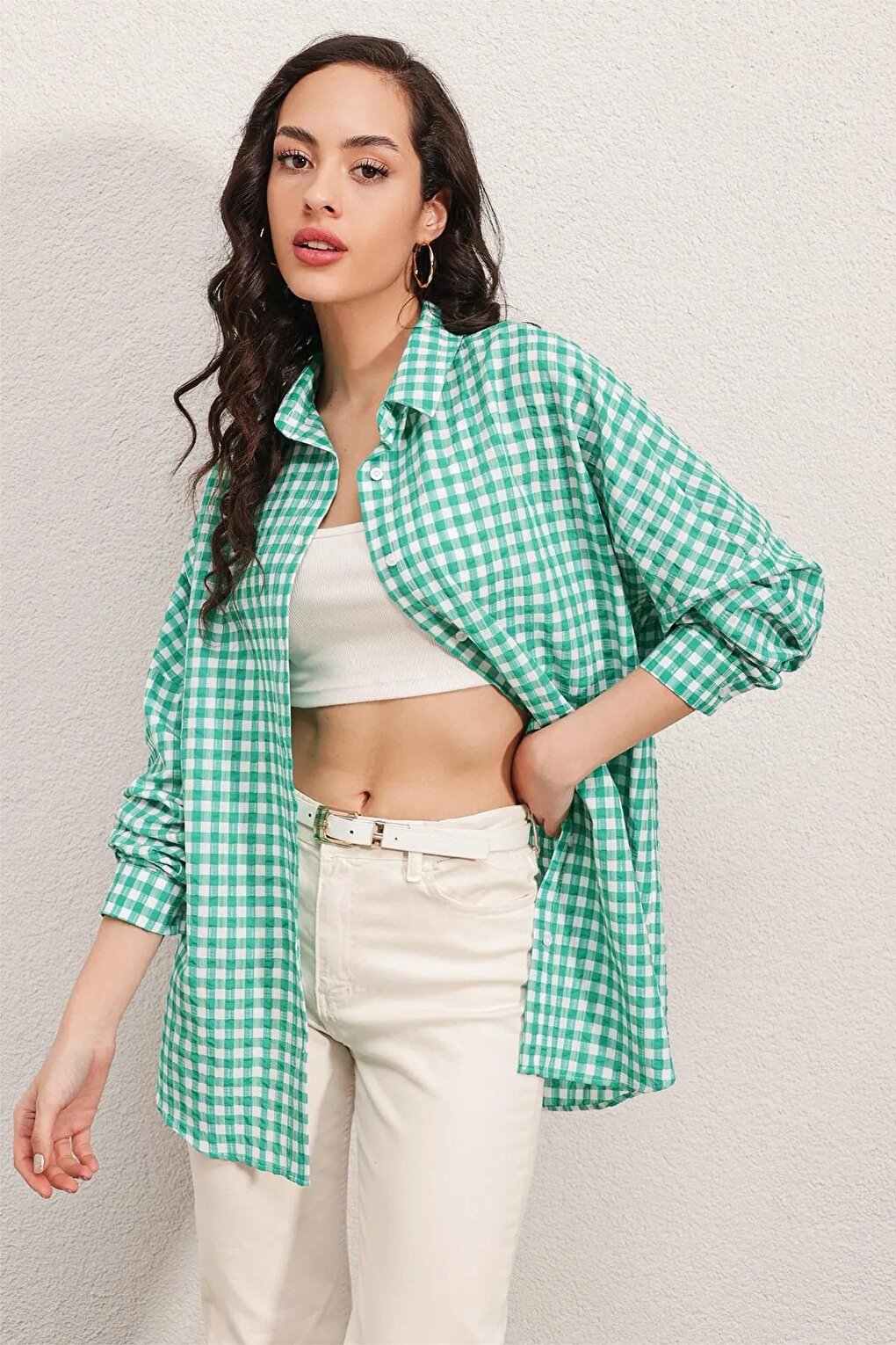 Women's Dark Green Checkered Oversize Shirt HZL22W-BD1201451