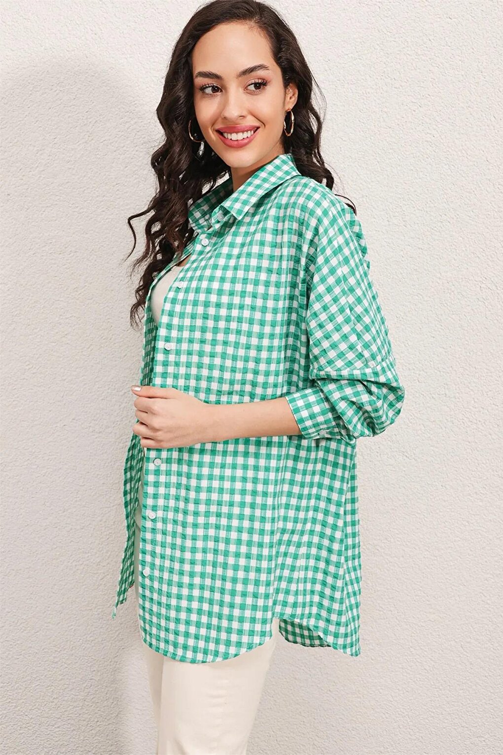 Women's Dark Green Checkered Oversize Shirt HZL22W-BD1201451