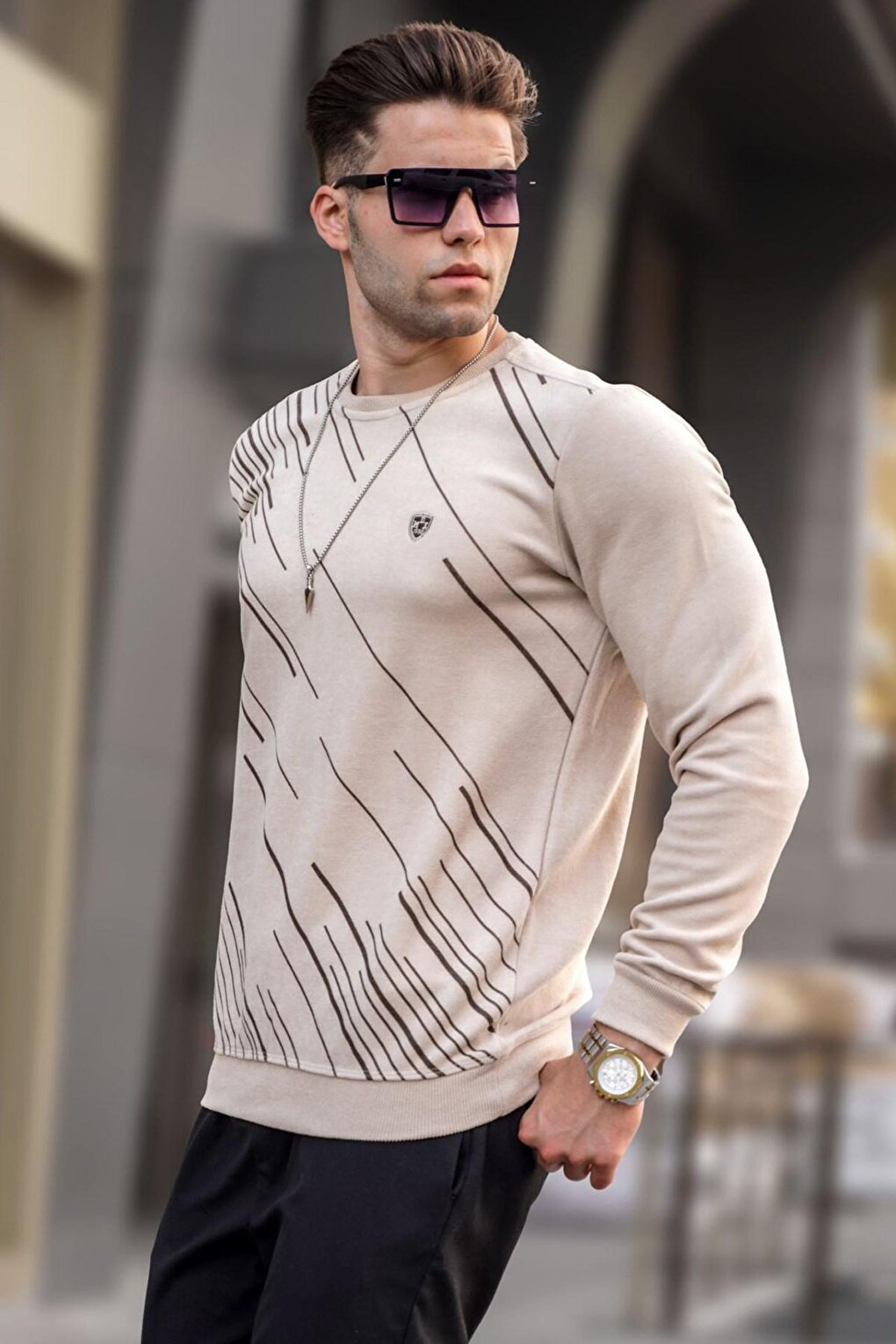 Beige Patterned Crew Neck Knitwear Sweater 5963