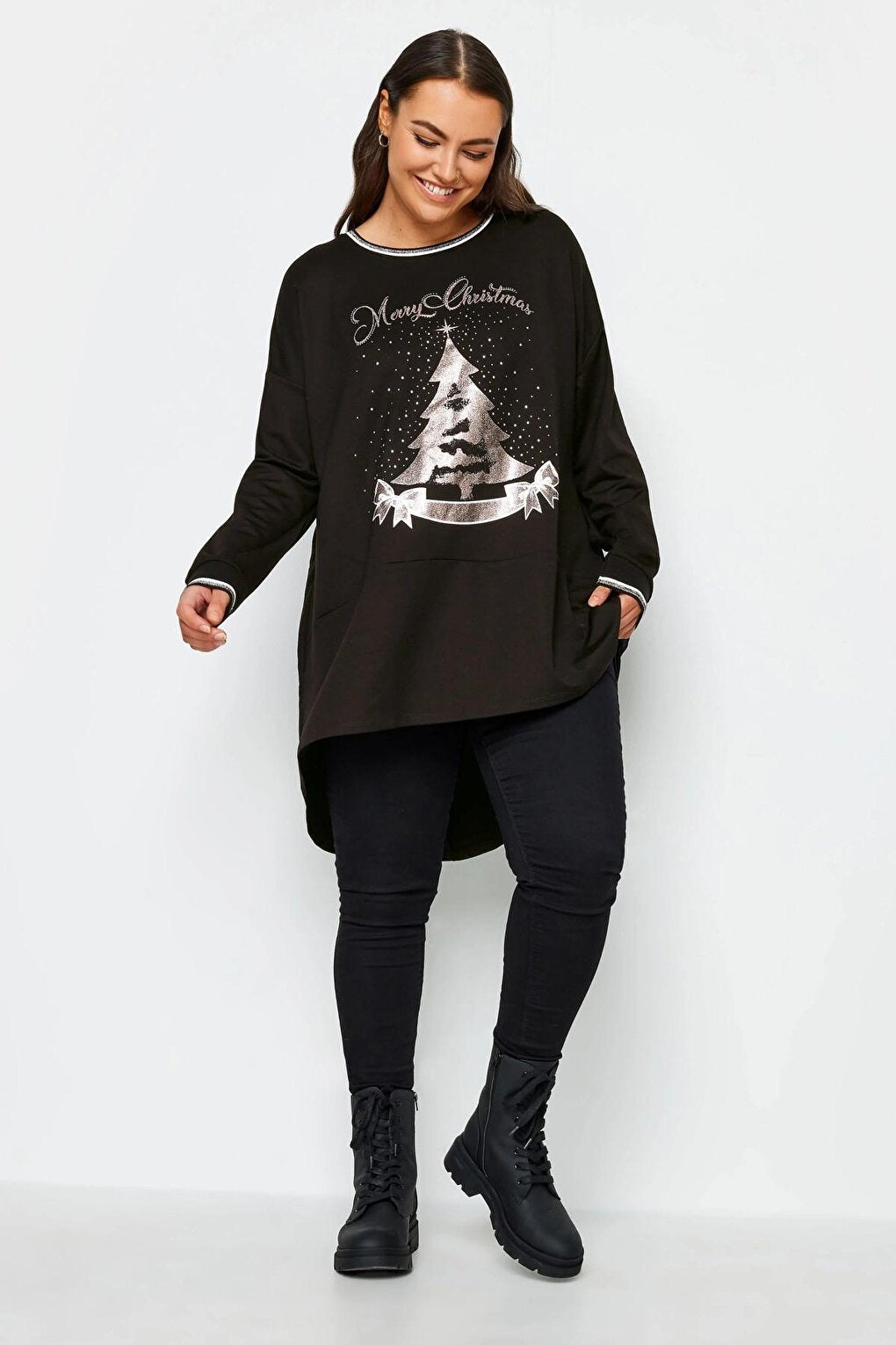 Plus Size Crew Neck Long Back New Year Themed Sweatshirt 302912