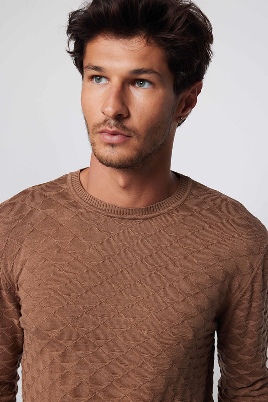 Men's Classic Fit Relaxed Cut Crew Neck Patterned Brown Sweater