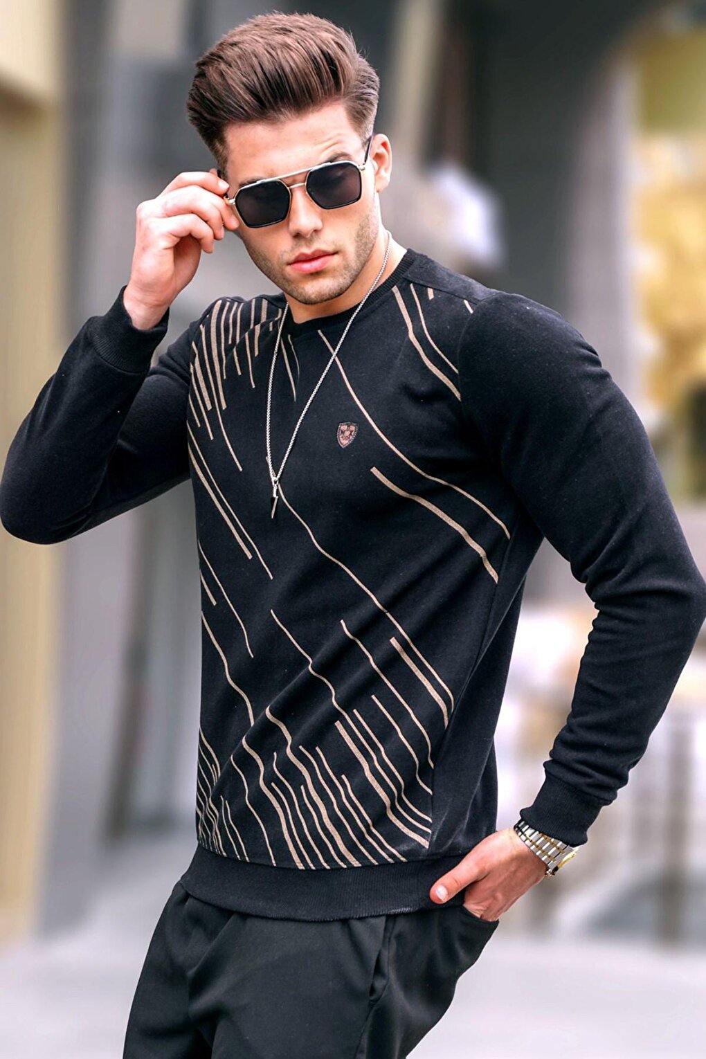 Black Patterned Crew Neck Knitwear Sweater 5963