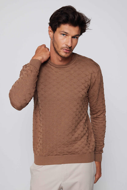 Men's Classic Fit Relaxed Cut Crew Neck Patterned Brown Sweater