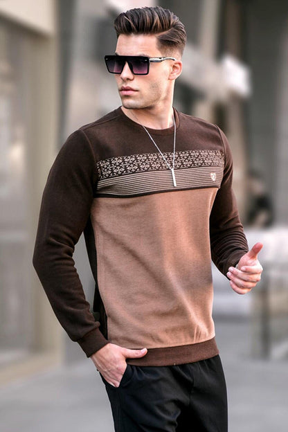 Brown Patterned Crew Neck Knitwear Sweater 5964