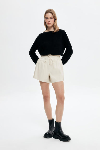 Leather Mini Shorts with Elastic Waist Stone