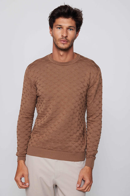 Men's Classic Fit Relaxed Cut Crew Neck Patterned Brown Sweater