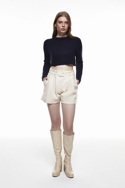 Belted Leather Shorts Stone